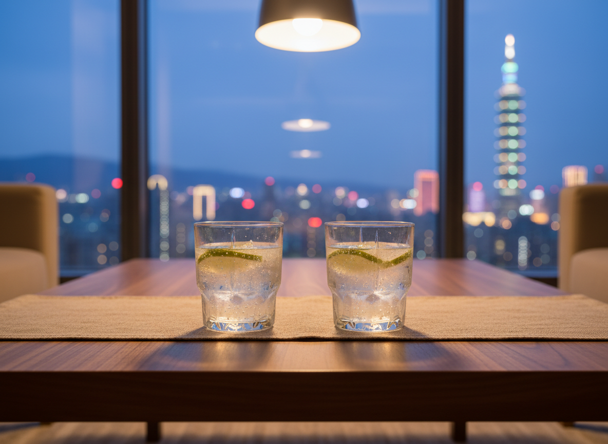 A pair of elegant crystal tumblers filled with sparkling water and thin lime slices rests on a refined walnut coffee table in a softly lit Taipei high-rise living room. Behind them, out of focus through floor-to-ceiling windows, the Taipei 101 skyline glows in the early evening. Warm pendant lighting creates subtle reflections along the glass edges and gentle shadows on a linen runner, evoking a calm, intentional atmosphere. Photographed at eye level with shallow depth of field, the composition suggests a private, sophisticated setting for meaningful conversation, emphasizing quality over quantity and a mature, trustworthy dating community, in clean, photographic realism.